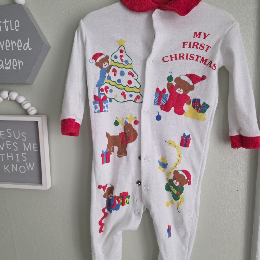 Vintage My First Christmas White & Red Holiday One-Piece Pajamas